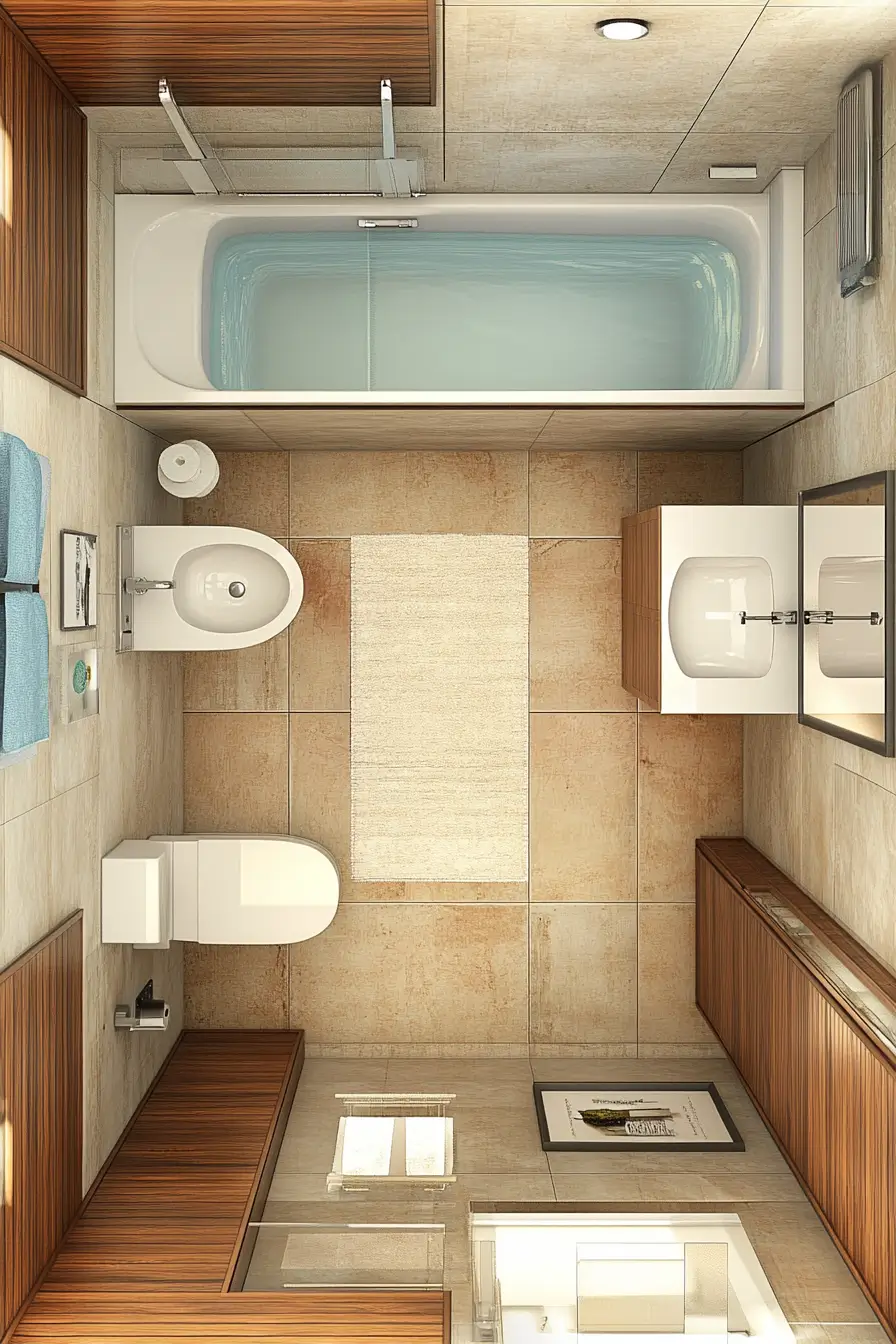 3D render comparison of small bathroom floor plan