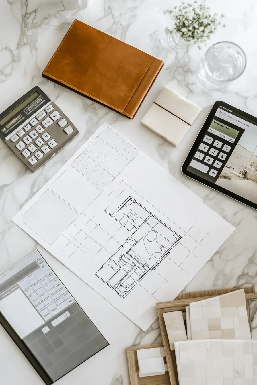 Flat lay of small bathroom renovation planning materials