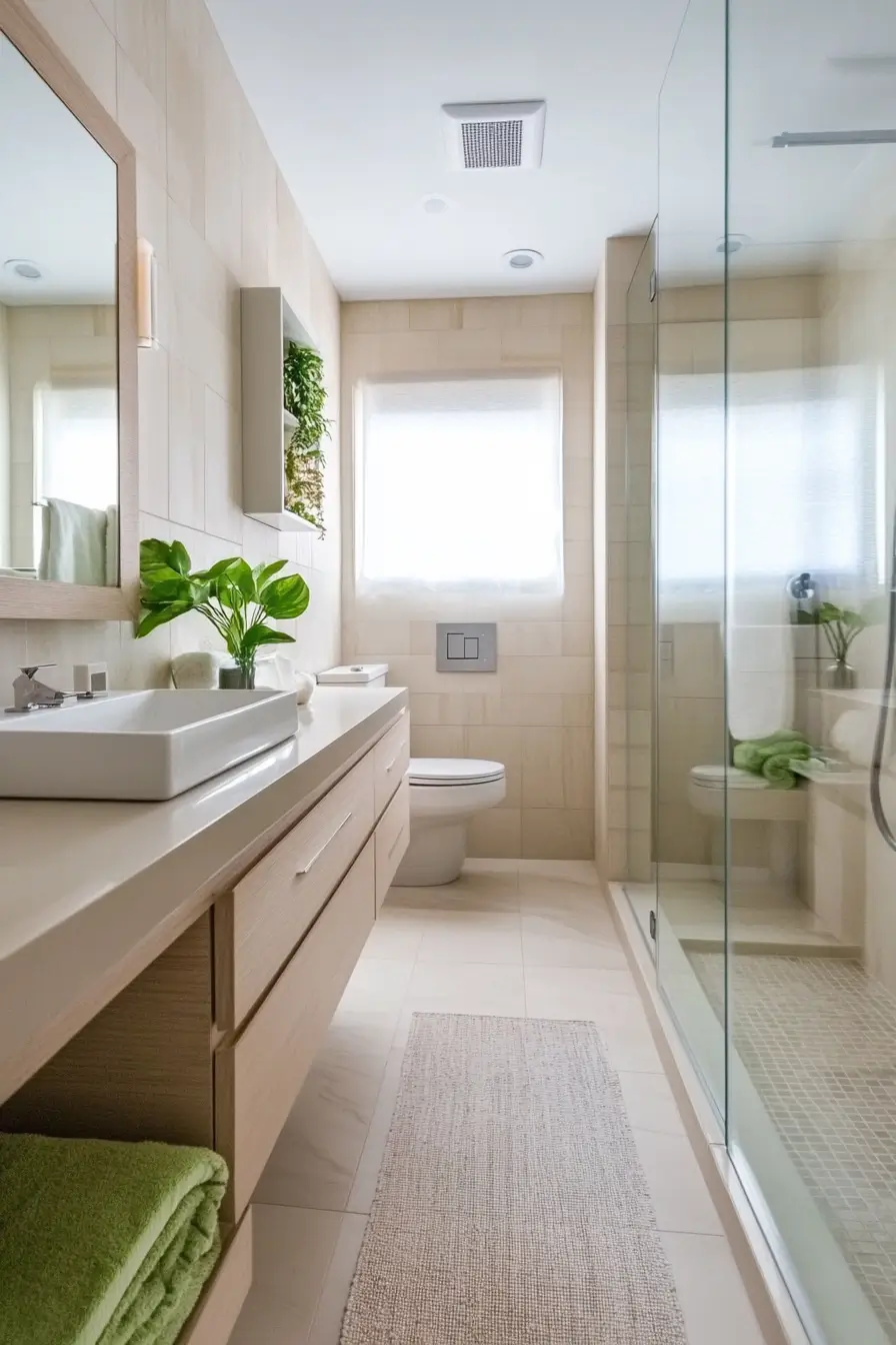 Long, narrow bathroom with clever linear layout