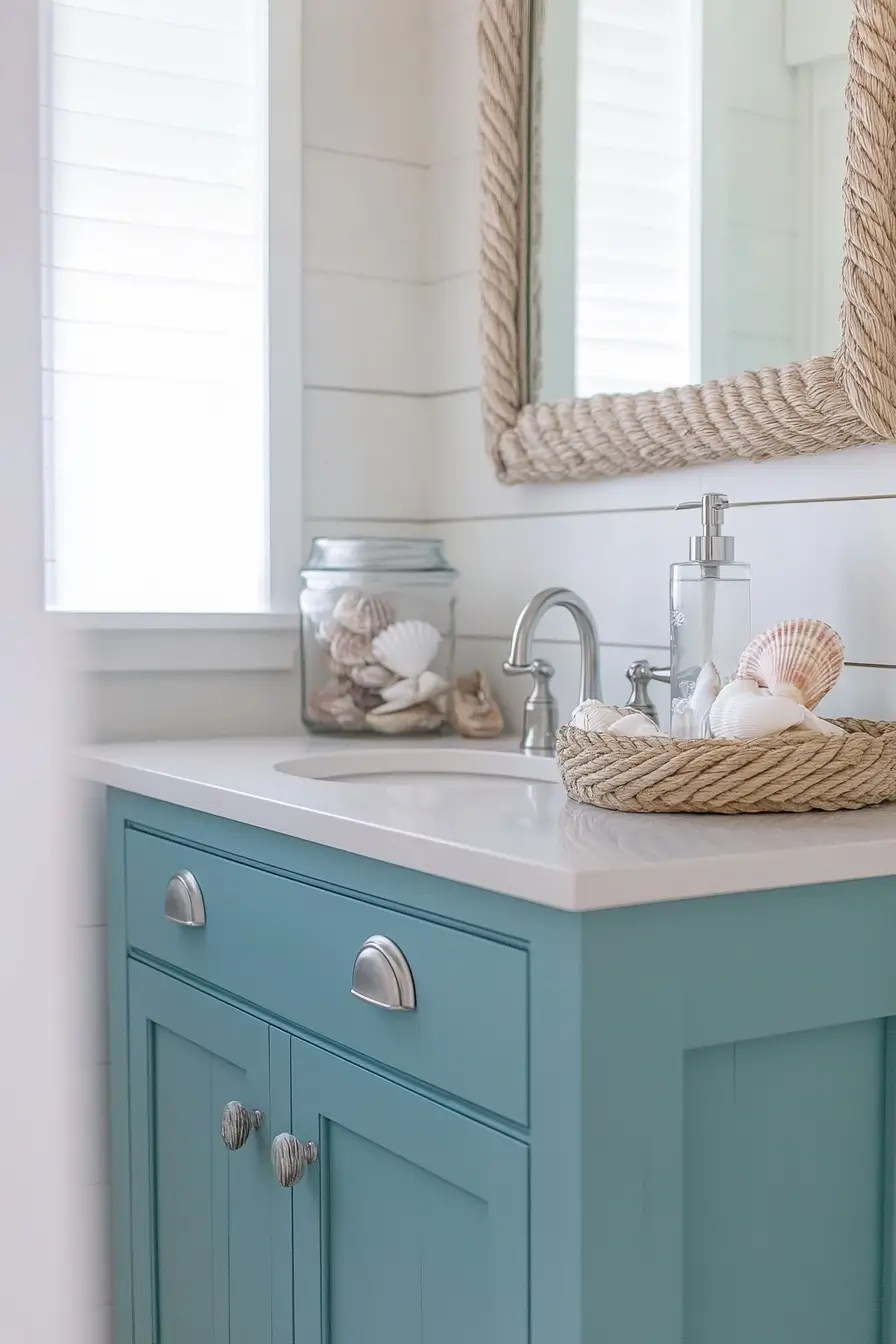 coastal-themed small bathroom. Aqua blue vanity with a white quartz top.