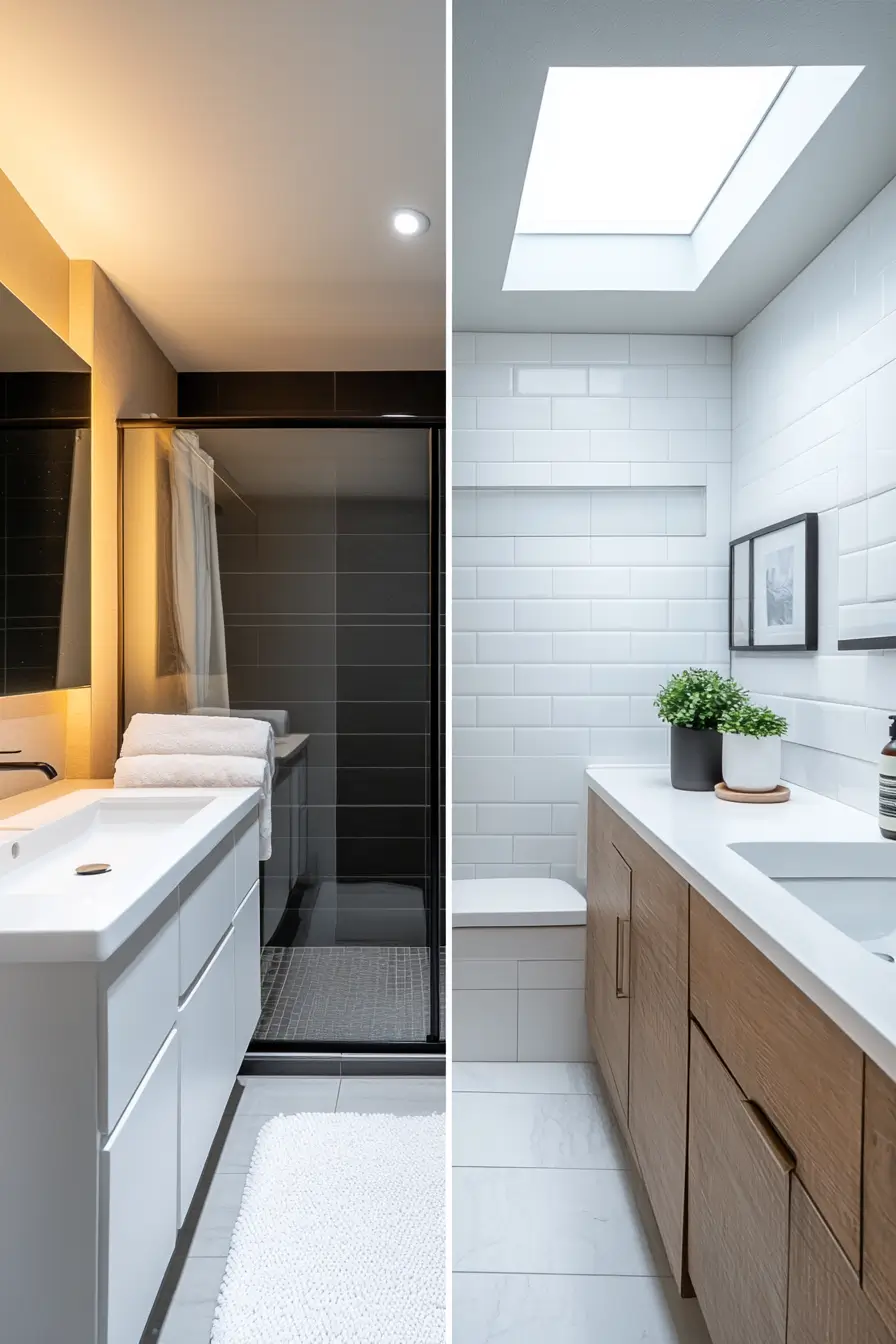 Two bathrooms with different lighting